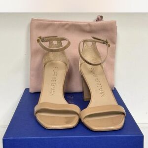 Stuart Weitzman Nearlynude Beige Patent Leather Block Heel Sandals Size 7